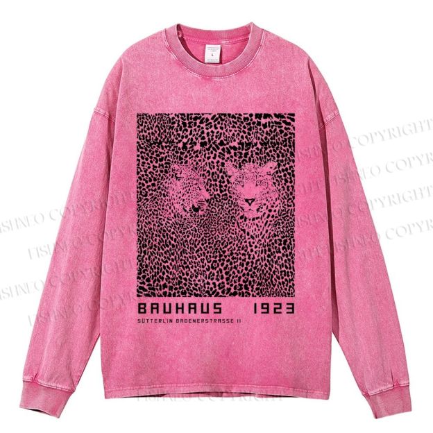 Unisex Casual Washed Bauhaus Style Leopard Printed Long Sleeve T-shirt