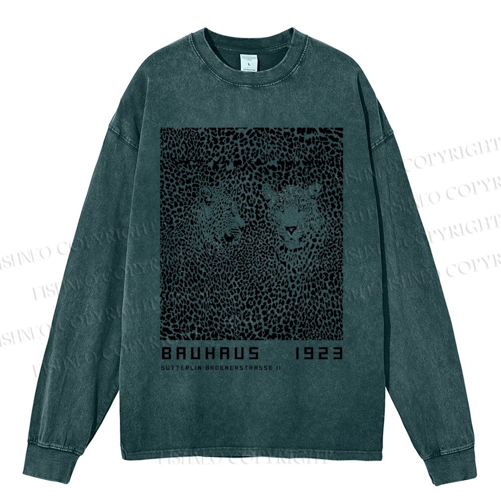 Unisex Casual Washed Bauhaus Style Leopard Printed Long Sleeve T-shirt