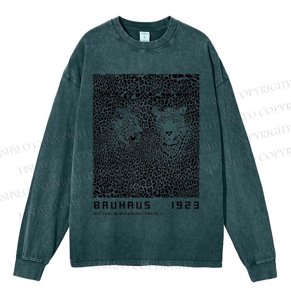 Unisex Casual Washed Bauhaus Style Leopard Printed Long Sleeve T-shirt