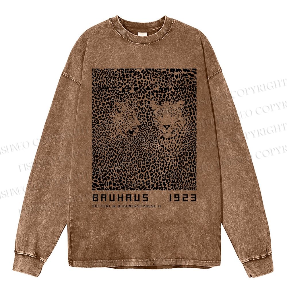 Unisex Casual Washed Bauhaus Style Leopard Printed Long Sleeve T-shirt