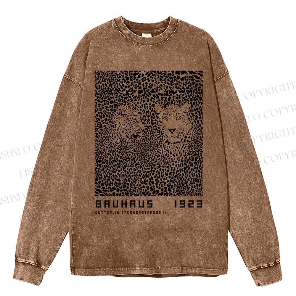 Unisex Casual Washed Bauhaus Style Leopard Printed Long Sleeve T-shirt