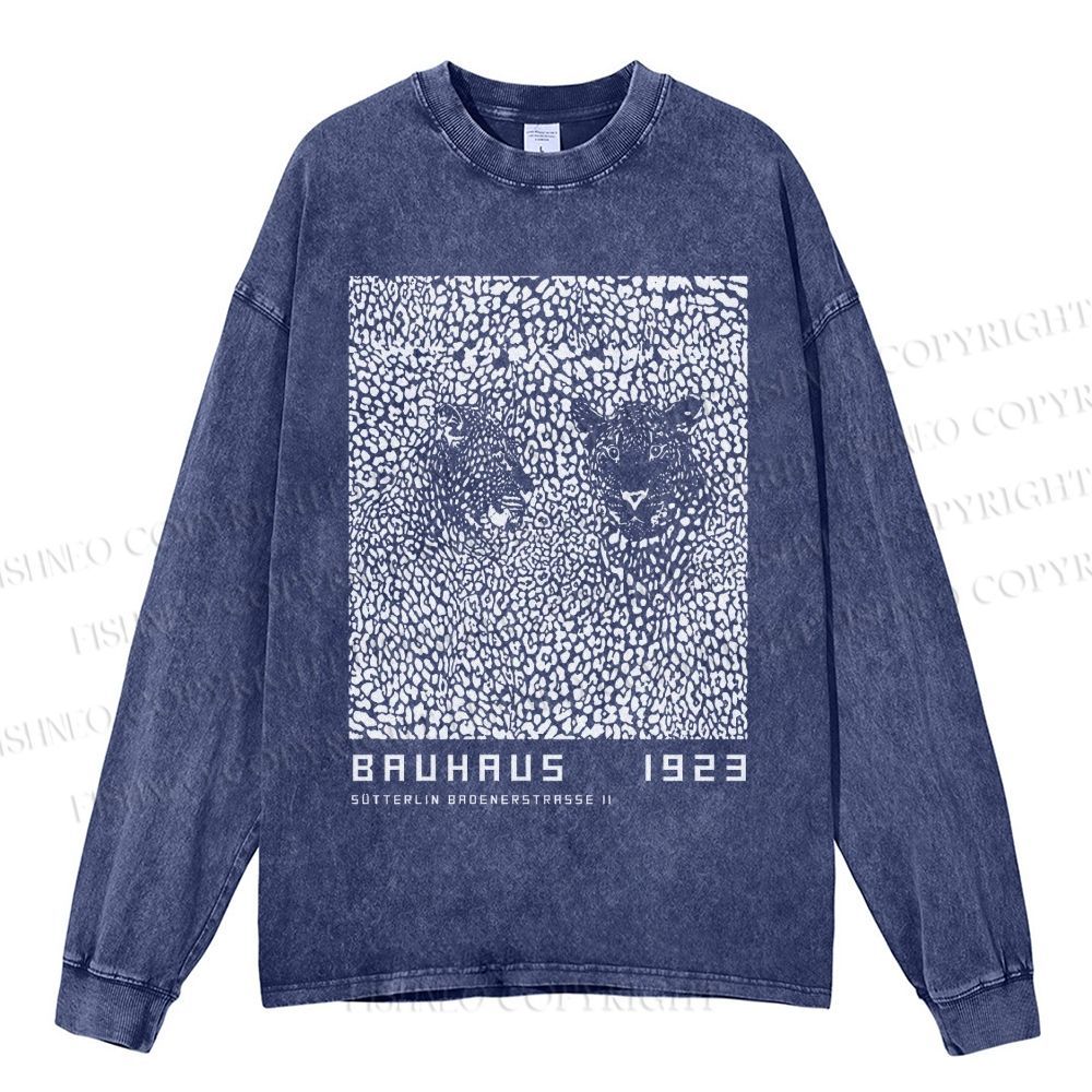 Unisex Casual Washed Bauhaus Style Leopard Printed Long Sleeve T-shirt