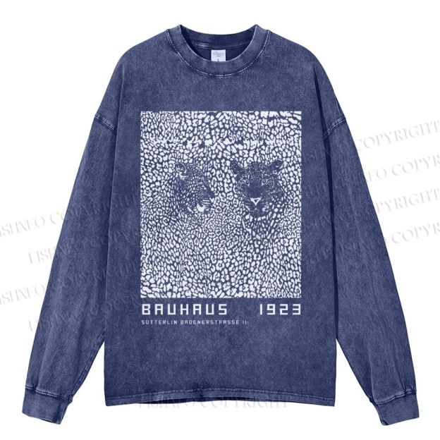 Unisex Casual Washed Bauhaus Style Leopard Printed Long Sleeve T-shirt