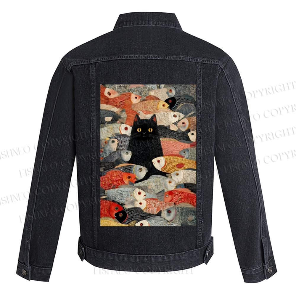 Vintage Japanese Black Cat Koi Fish Printed Denim Jacket