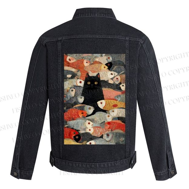 Vintage Japanese Black Cat Koi Fish Printed Denim Jacket