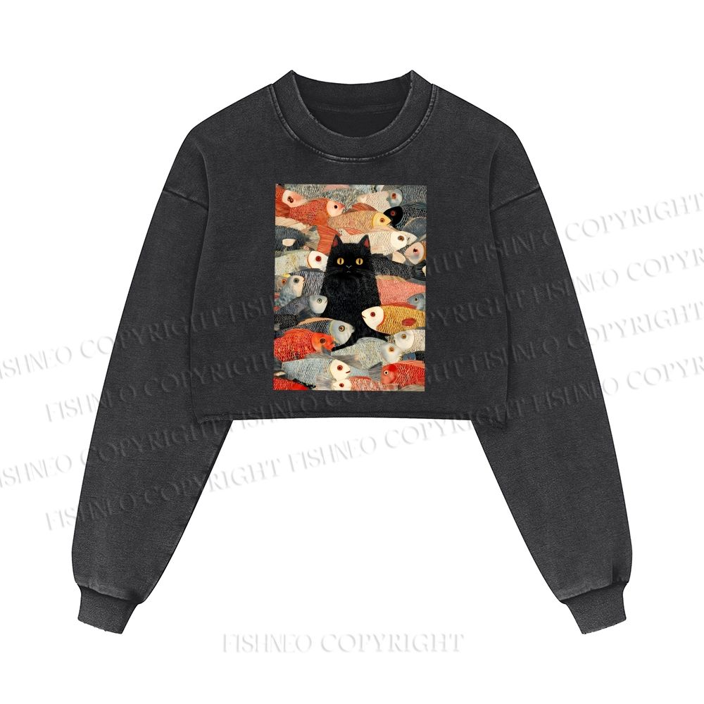 Vintage Japanese Black Cat Koi Fish Washed Crop Sweatshirt