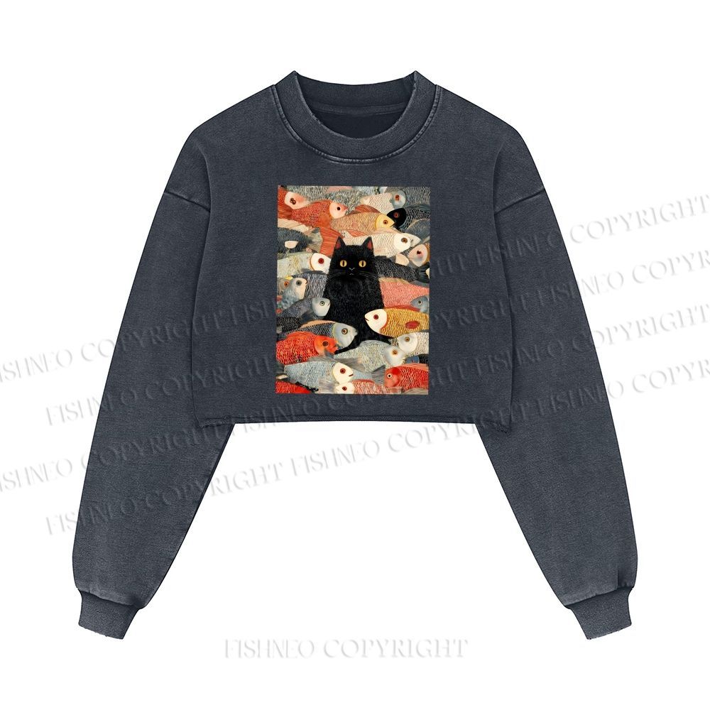 Vintage Japanese Black Cat Koi Fish Washed Crop Sweatshirt