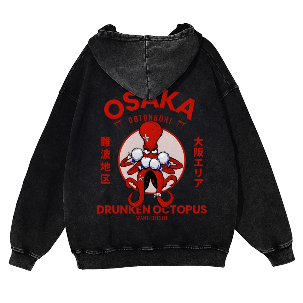 Osaka Drunken Octopus Vintage Washed Cotton Back Art Hoodie