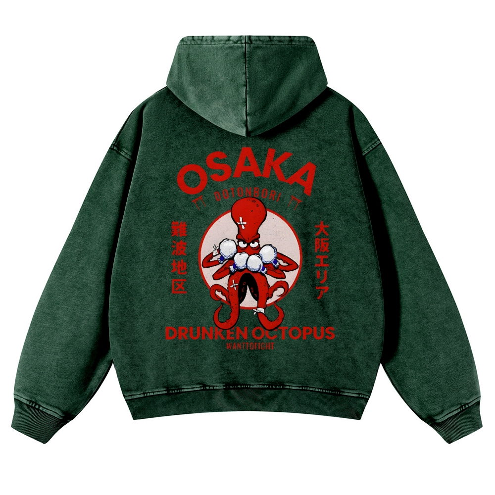 Osaka Drunken Octopus Vintage Washed Cotton Back Art Hoodie