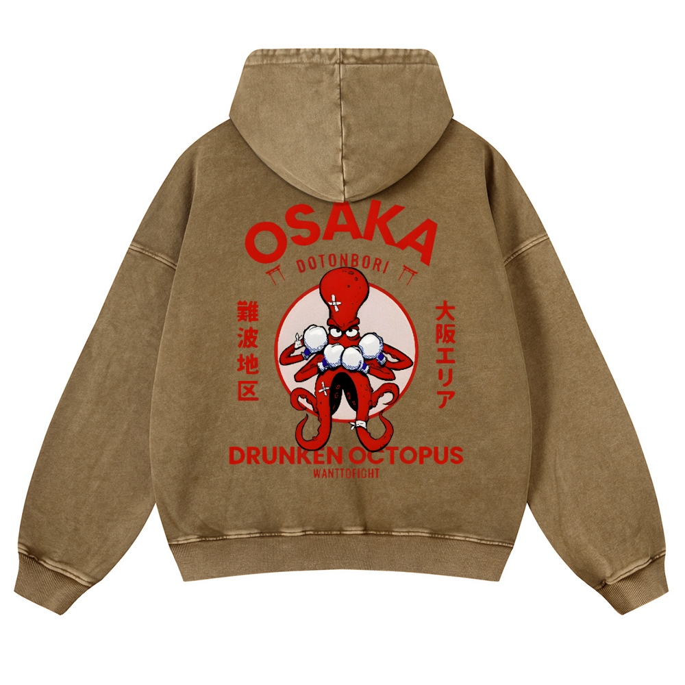 Osaka Drunken Octopus Vintage Washed Cotton Back Art Hoodie