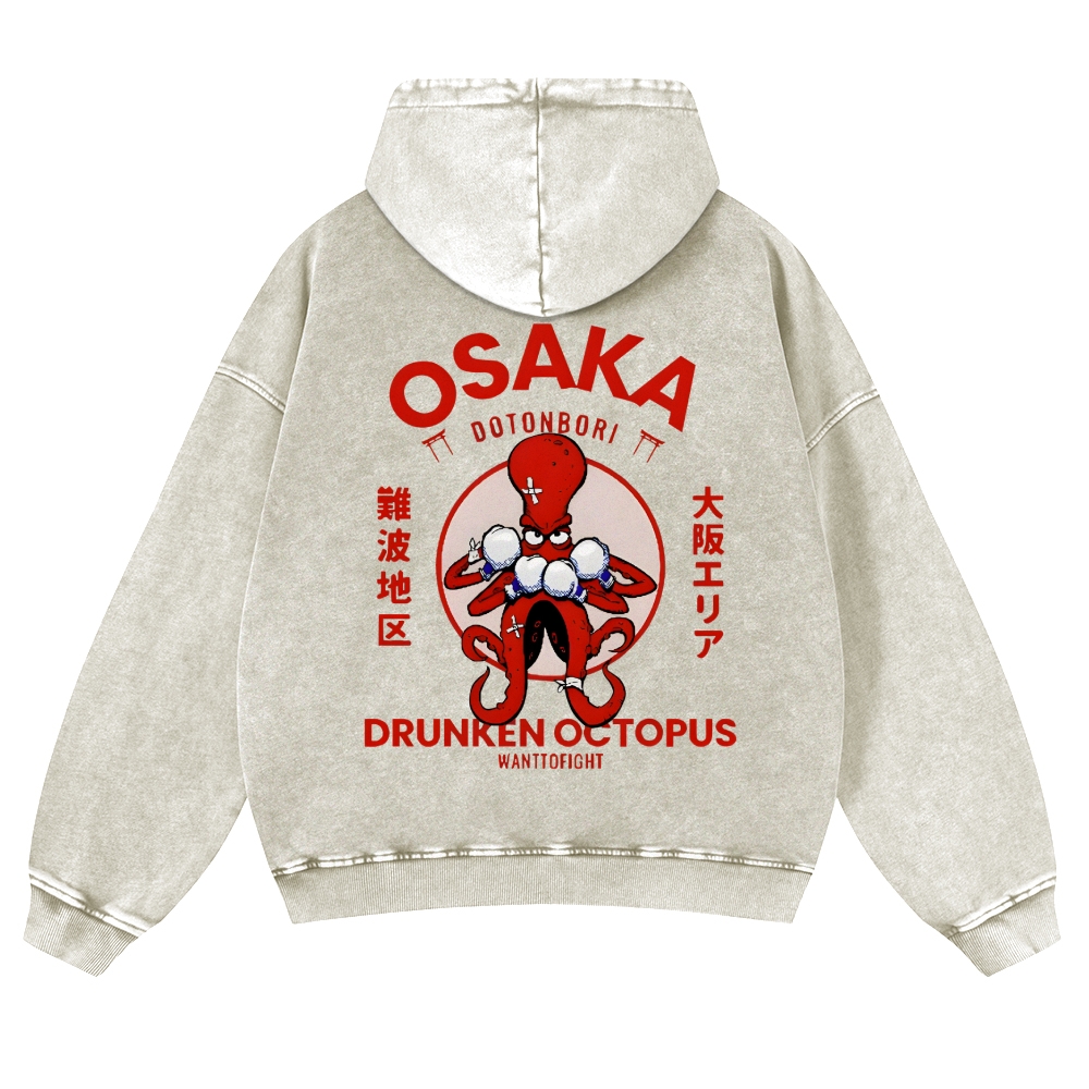 Osaka Drunken Octopus Vintage Washed Cotton Back Art Hoodie