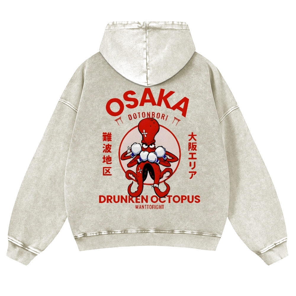 Osaka Drunken Octopus Vintage Washed Cotton Back Art Hoodie