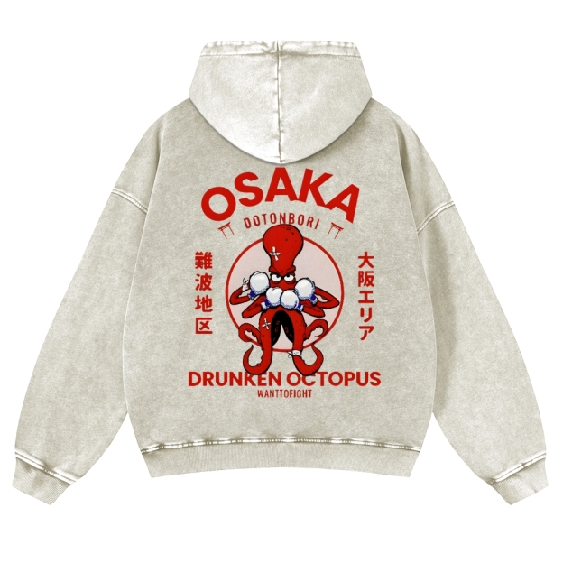 Osaka Drunken Octopus Vintage Washed Cotton Back Art Hoodie