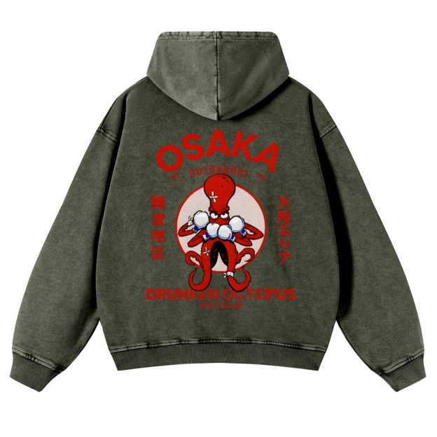 Osaka Drunken Octopus Vintage Washed Cotton Back Art Hoodie