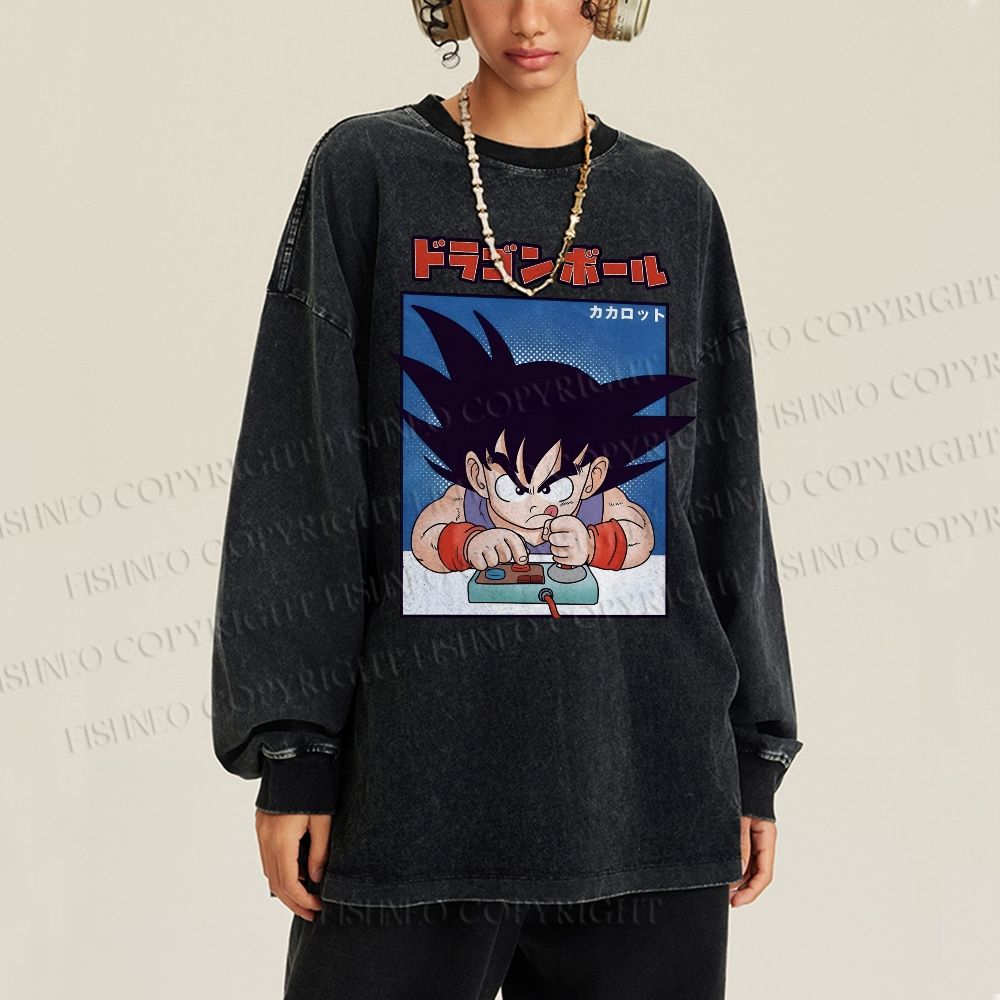 Unisex Casual Washed Son Goku Printed Long Sleeve T-shirt
