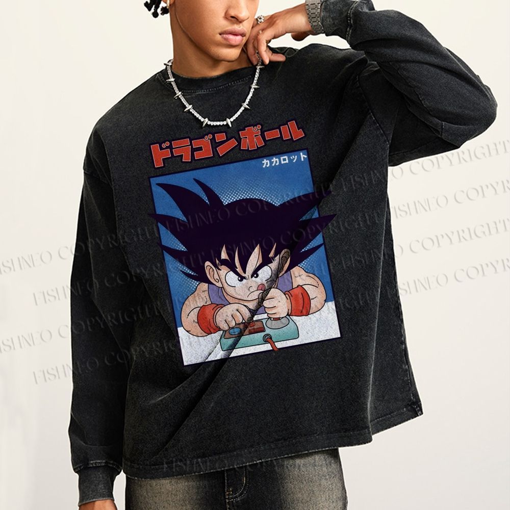 Unisex Casual Washed Son Goku Printed Long Sleeve T-shirt