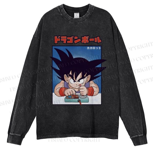 Unisex Casual Washed Son Goku Printed Long Sleeve T-shirt