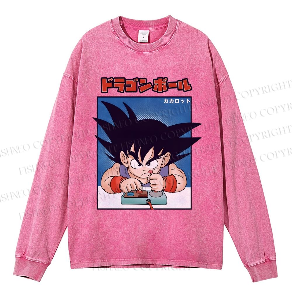 Unisex Casual Washed Son Goku Printed Long Sleeve T-shirt