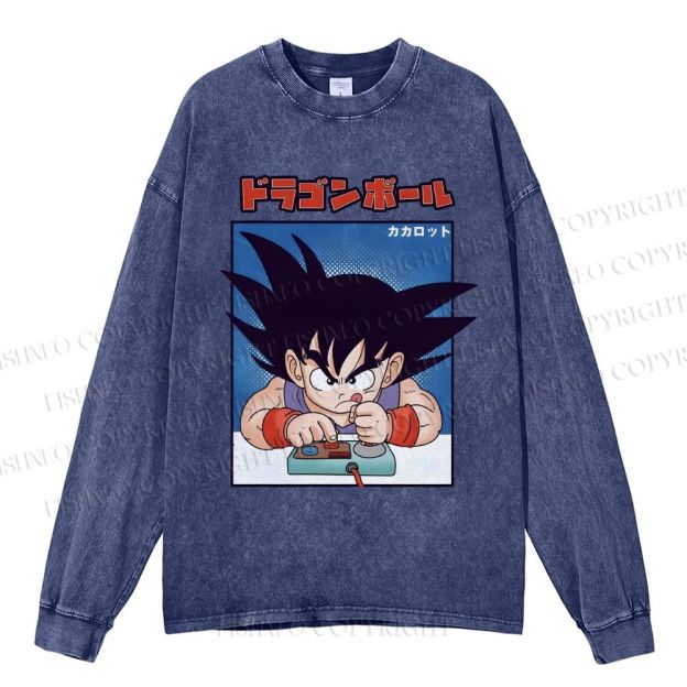 Unisex Casual Washed Son Goku Printed Long Sleeve T-shirt