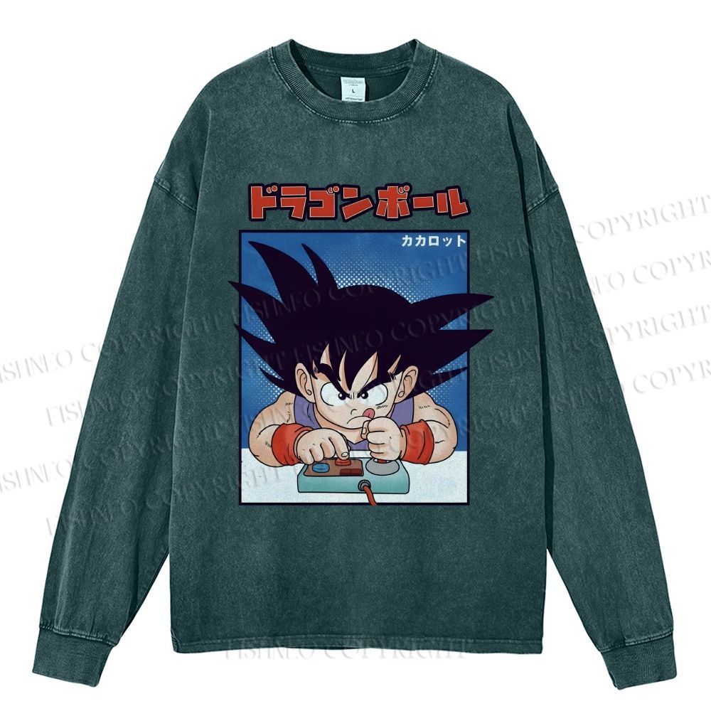 Unisex Casual Washed Son Goku Printed Long Sleeve T-shirt
