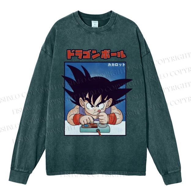 Unisex Casual Washed Son Goku Printed Long Sleeve T-shirt