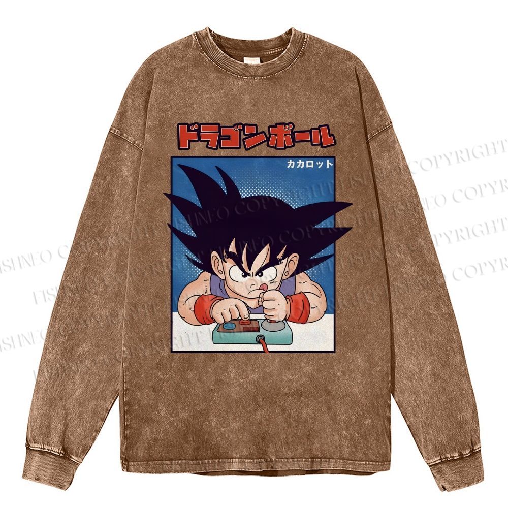 Unisex Casual Washed Son Goku Printed Long Sleeve T-shirt