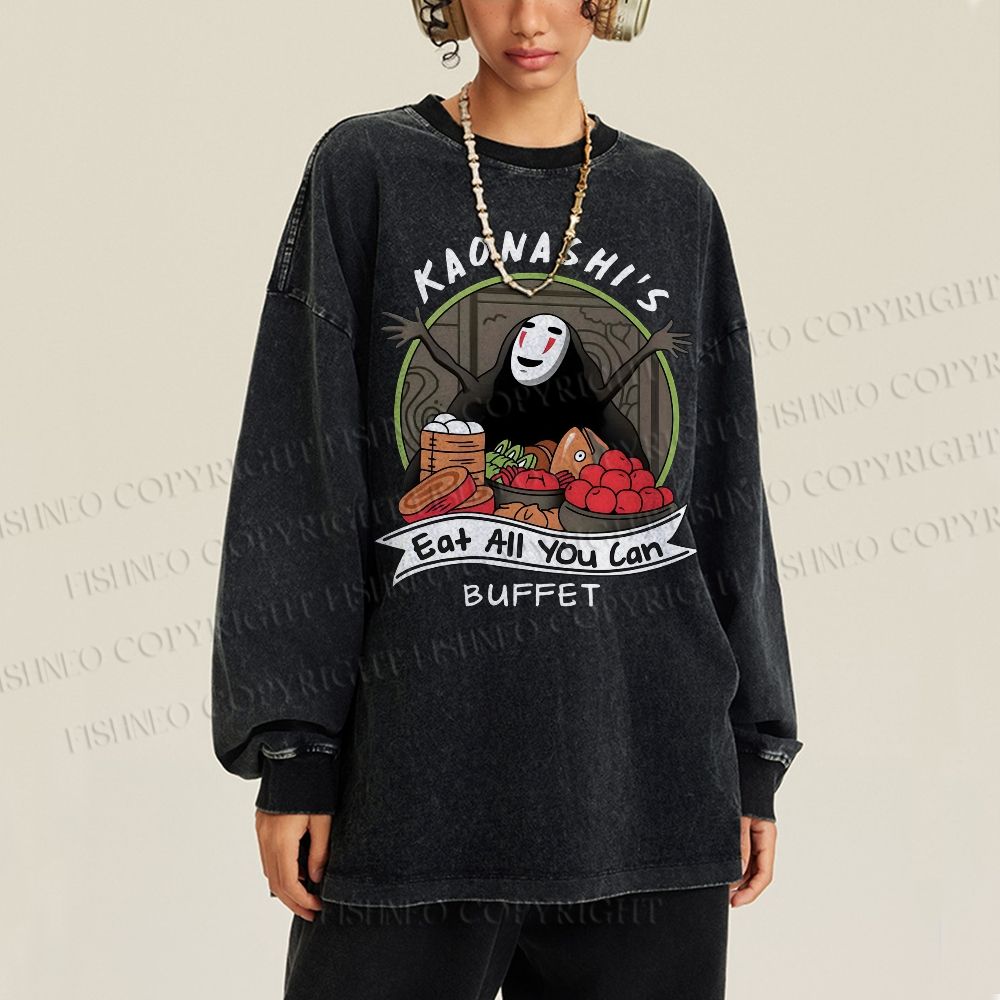 Unisex Casual Washed No-Face Eat All You Can Printed Long Sleeve T-shirt