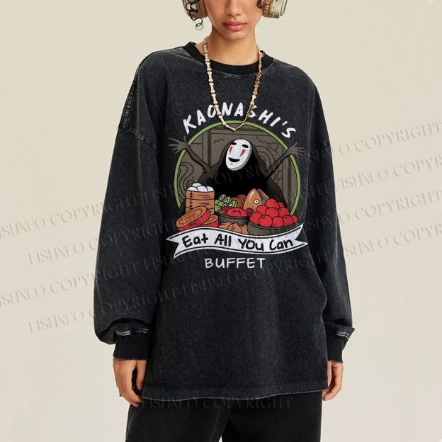 Unisex Casual Washed No-Face Eat All You Can Printed Long Sleeve T-shirt