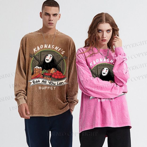 Unisex Casual Washed No-Face Eat All You Can Printed Long Sleeve T-shirt