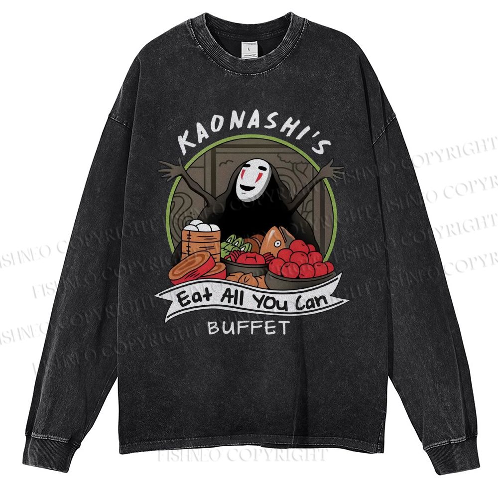 Unisex Casual Washed No-Face Eat All You Can Printed Long Sleeve T-shirt