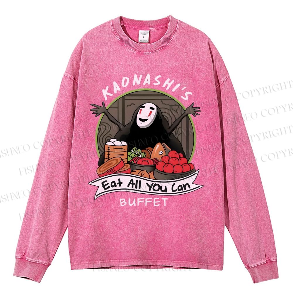 Unisex Casual Washed No-Face Eat All You Can Printed Long Sleeve T-shirt