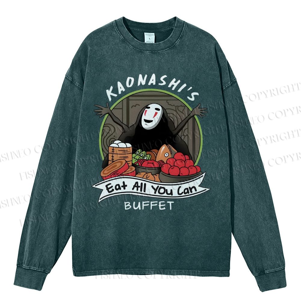 Unisex Casual Washed No-Face Eat All You Can Printed Long Sleeve T-shirt