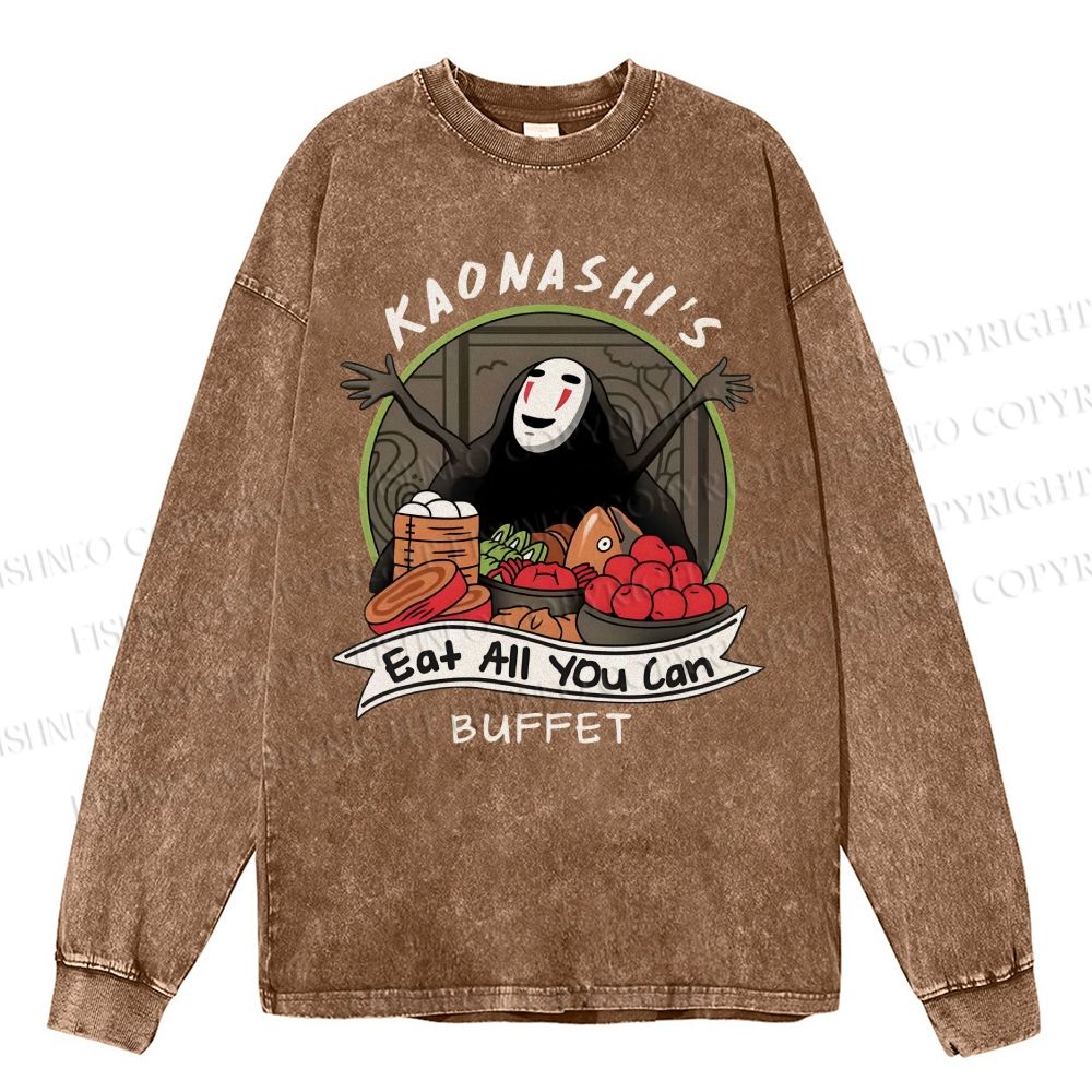 Unisex Casual Washed No-Face Eat All You Can Printed Long Sleeve T-shirt