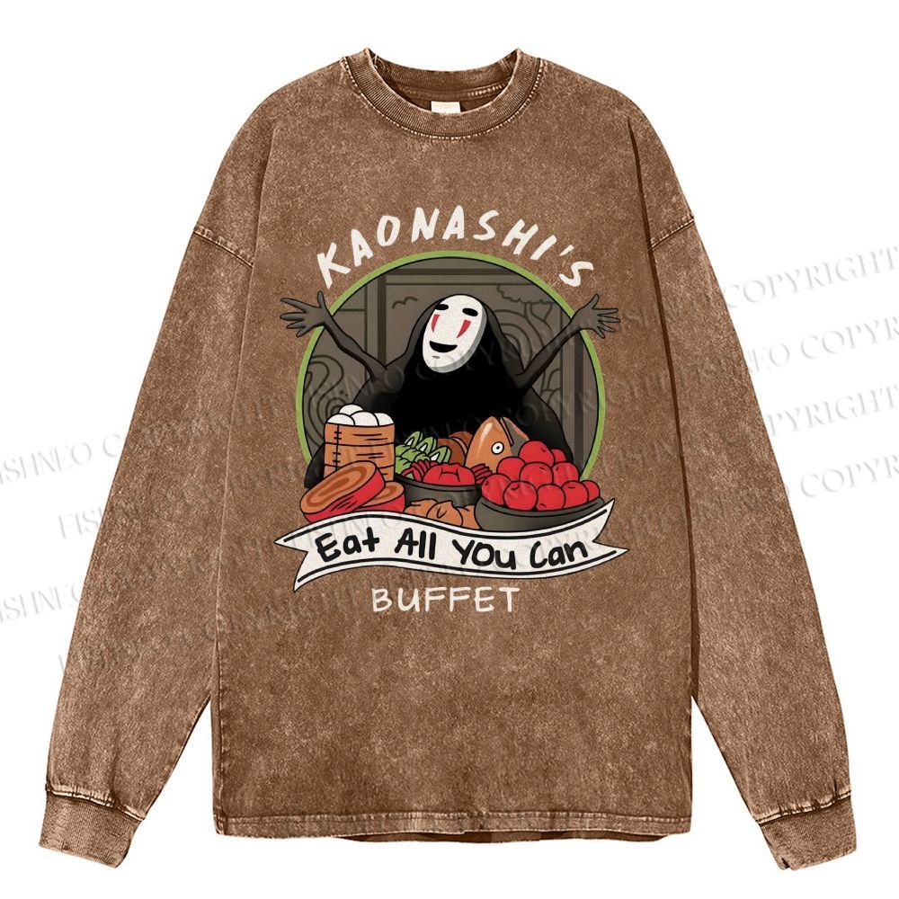 Unisex Casual Washed No-Face Eat All You Can Printed Long Sleeve T-shirt