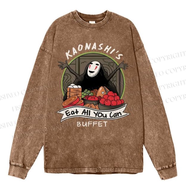 Unisex Casual Washed No-Face Eat All You Can Printed Long Sleeve T-shirt