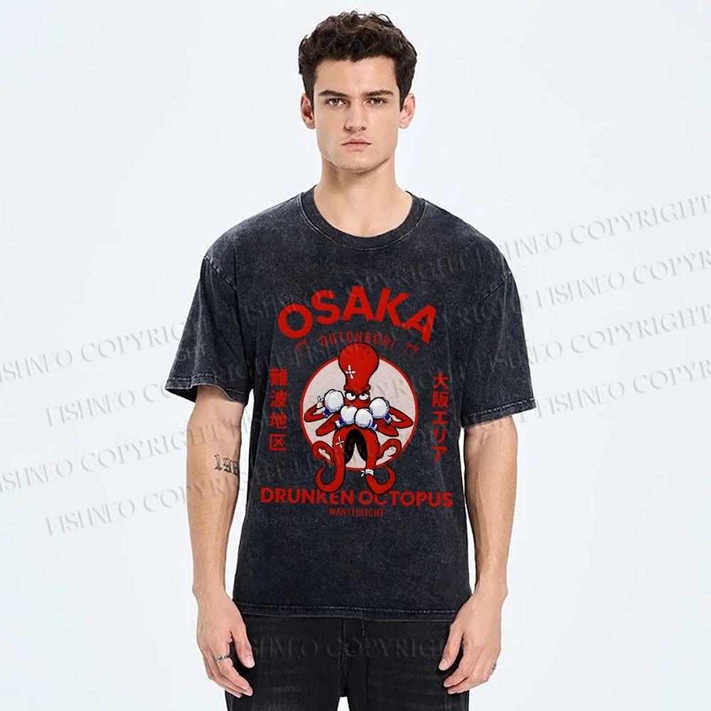 Unisex Octopus Drinks Soju Printed Washed Tee