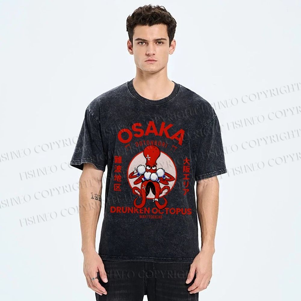 Unisex Octopus Drinks Soju Printed Washed Tee