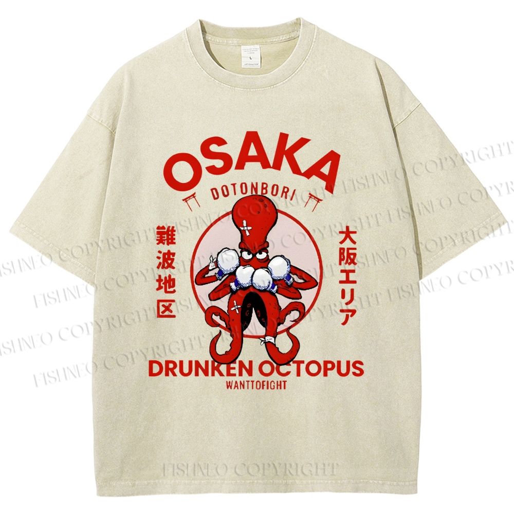 Unisex Octopus Drinks Soju Printed Washed Tee