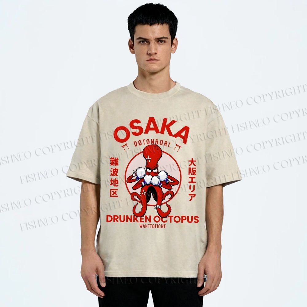 Unisex Octopus Drinks Soju Printed Washed Tee
