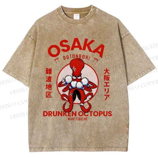 Unisex Octopus Drinks Soju Printed Washed Tee