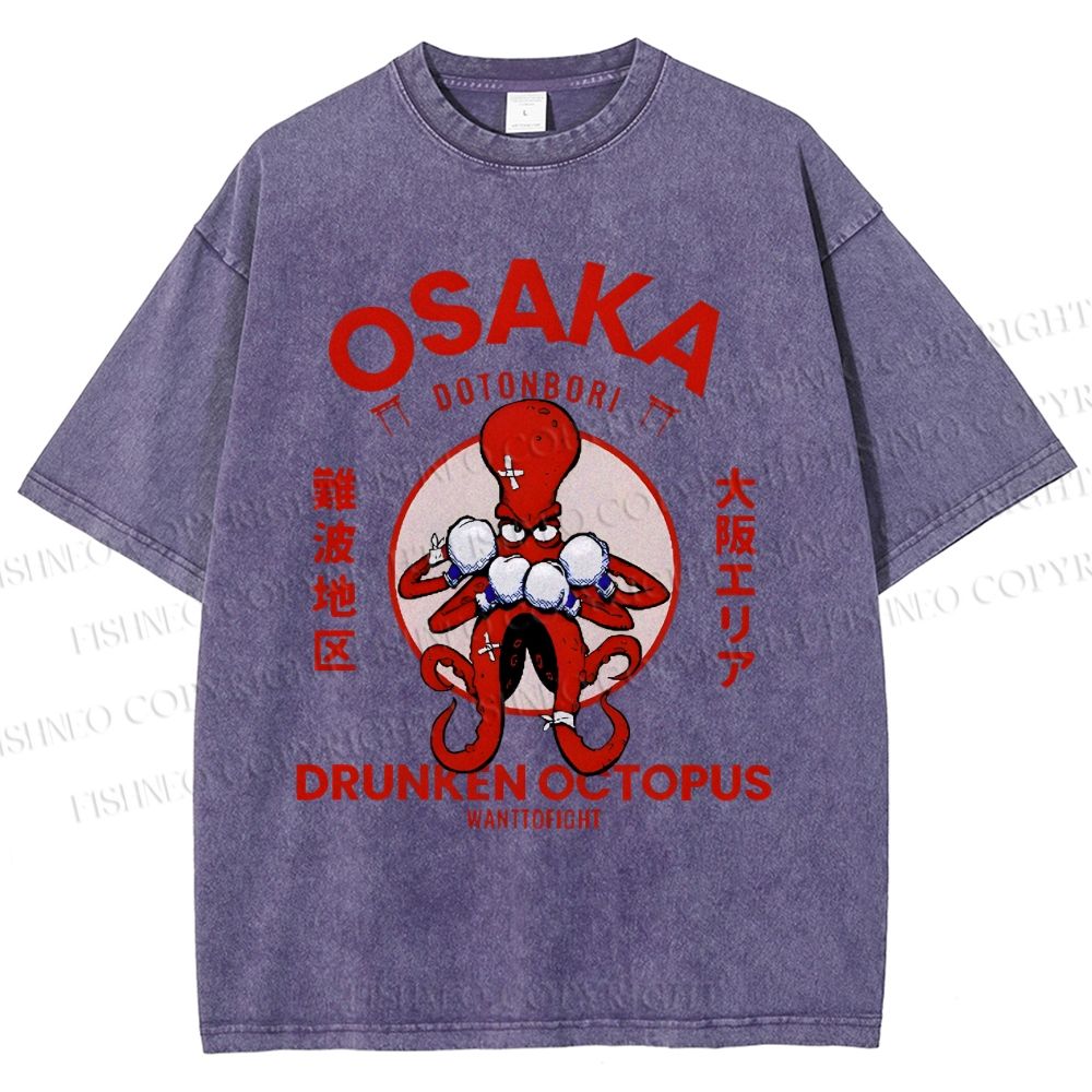 Unisex Octopus Drinks Soju Printed Washed Tee