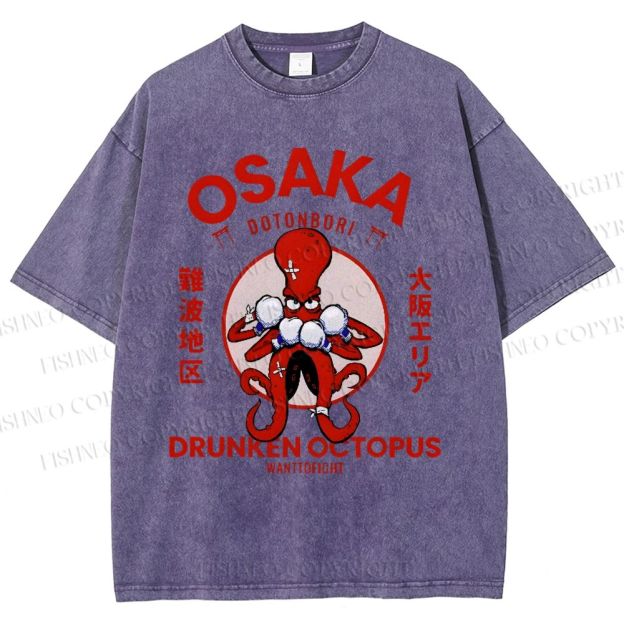 Unisex Octopus Drinks Soju Printed Washed Tee