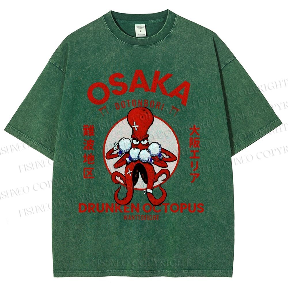 Unisex Octopus Drinks Soju Printed Washed Tee