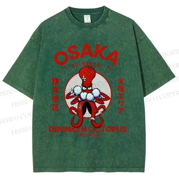 Unisex Octopus Drinks Soju Printed Washed Tee
