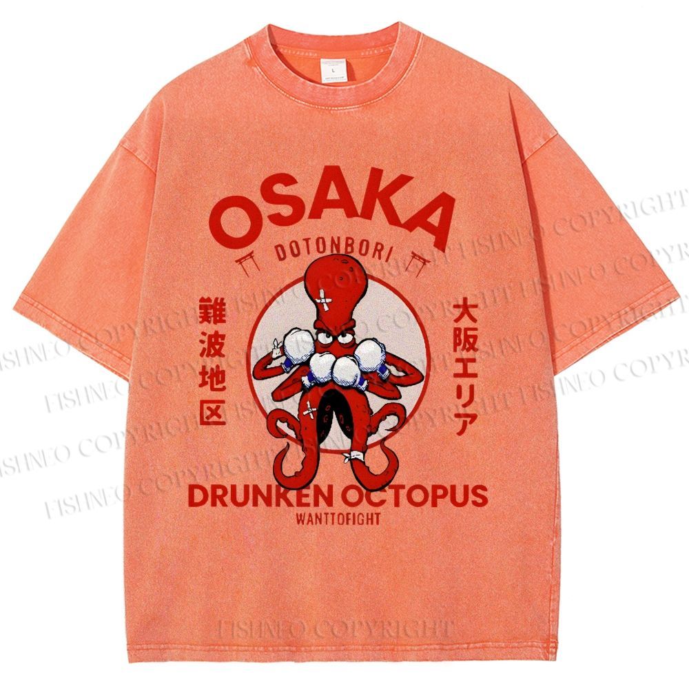 Unisex Octopus Drinks Soju Printed Washed Tee