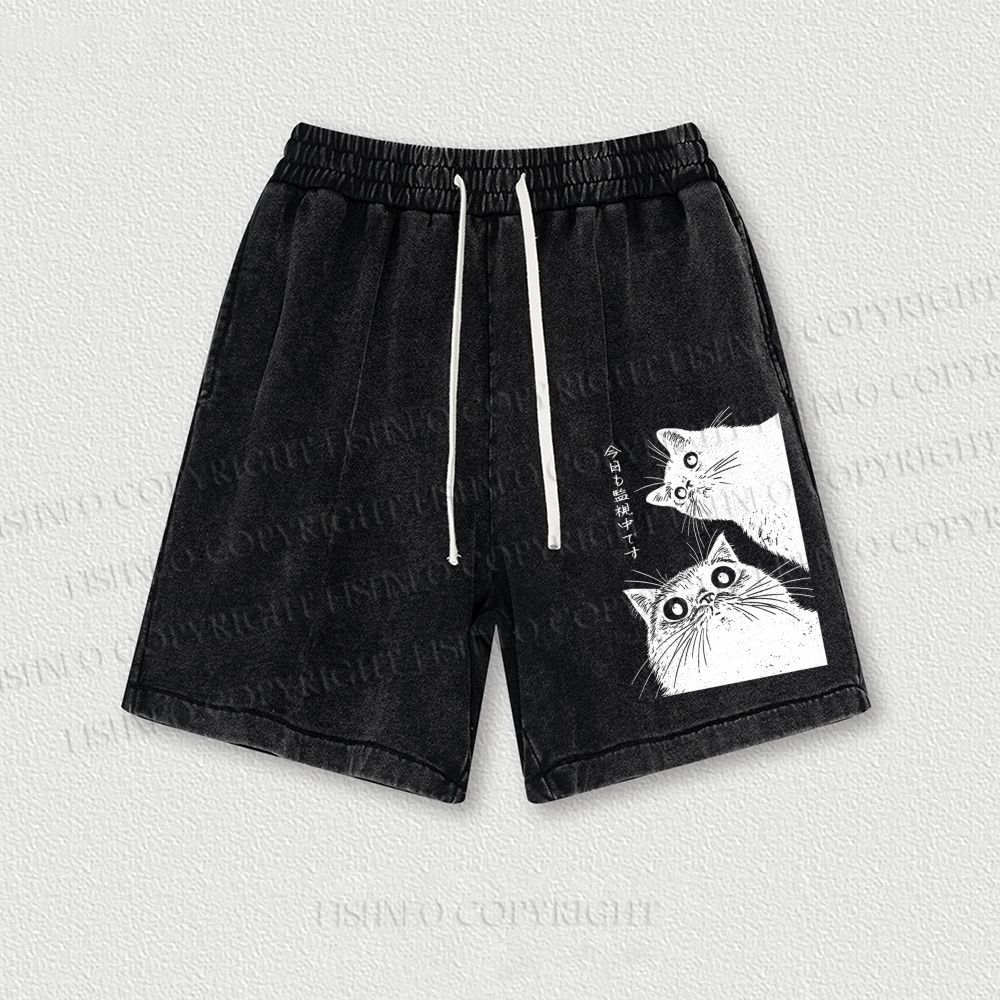 The Cat is Watching Today Washed Vintage Shorts