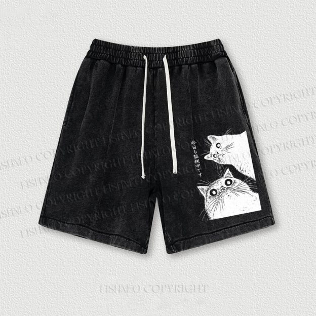 The Cat is Watching Today Washed Vintage Shorts