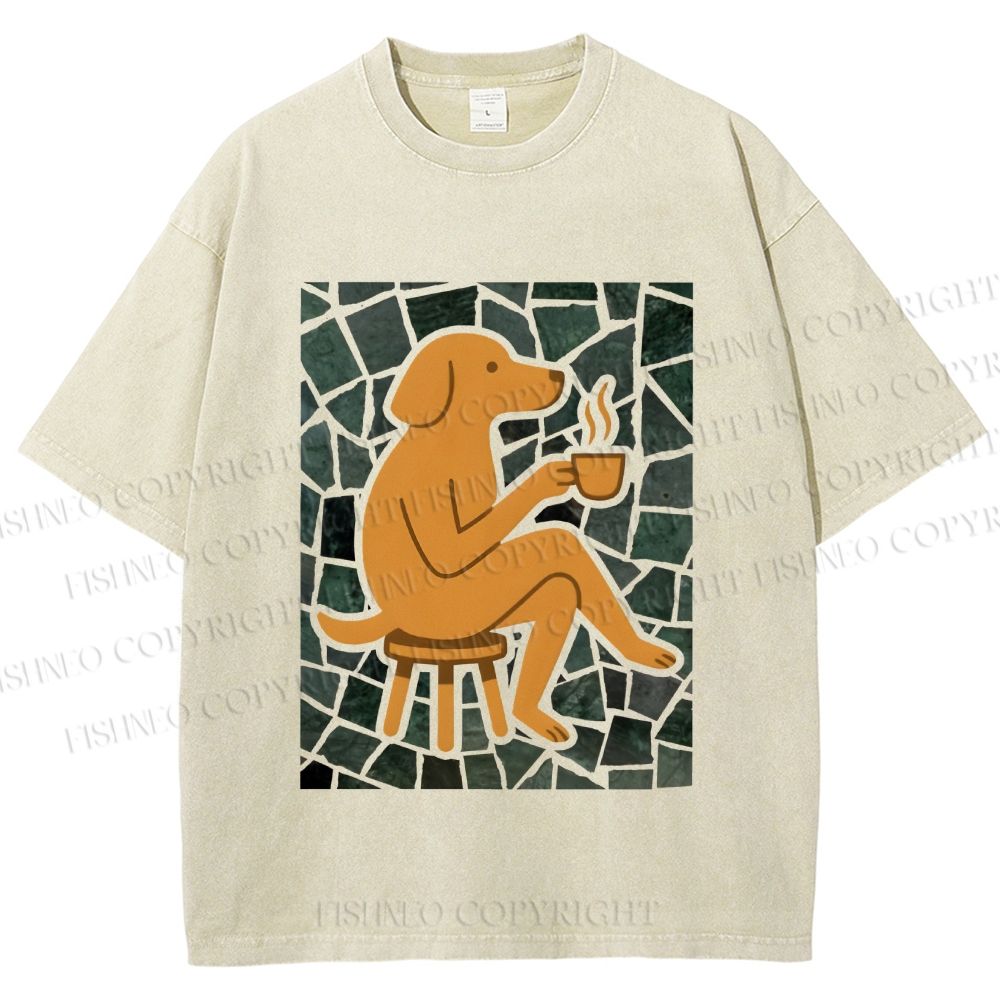 Unisex Relax Dog Having Coffee Printed Washed Tee