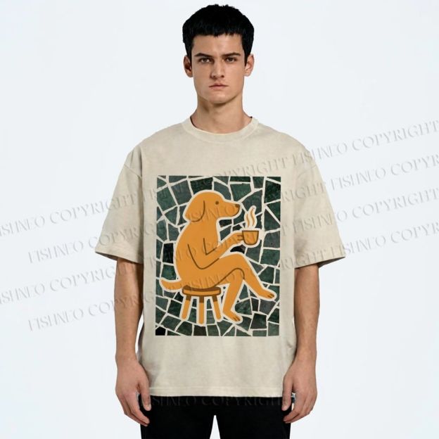 Unisex Relax Dog Having Coffee Printed Washed Tee