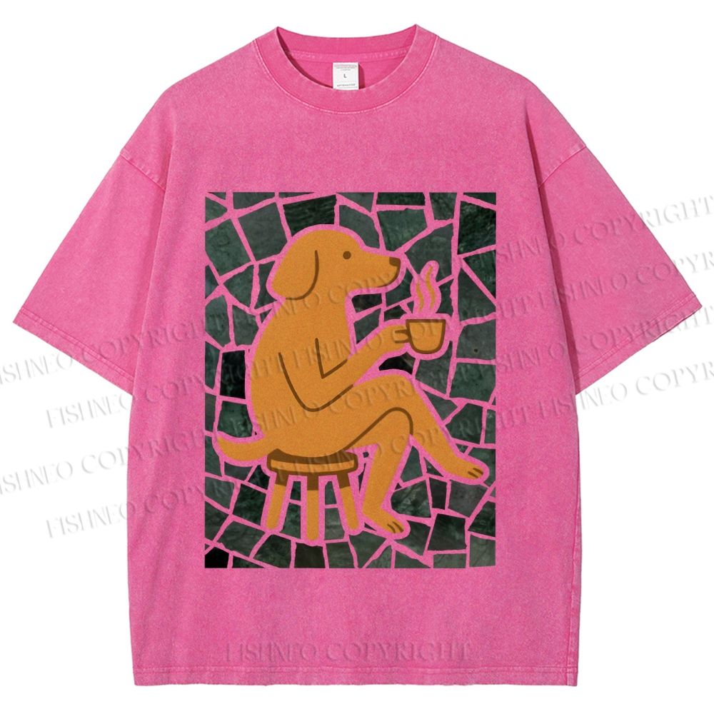 Unisex Relax Dog Having Coffee Printed Washed Tee